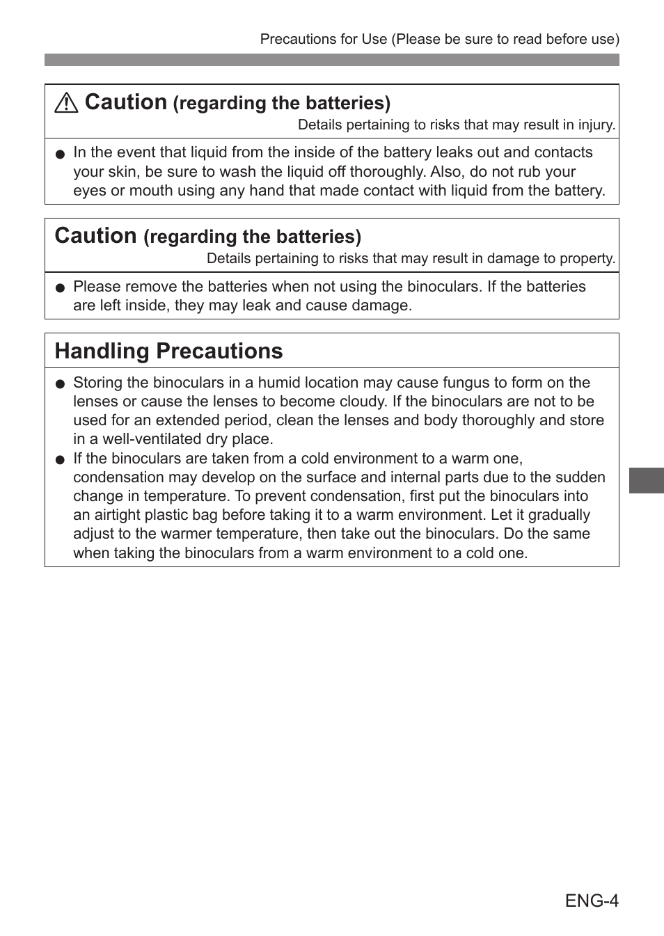 Caution, Handling precautions | Canon 14x32 IS Image Stabilized Binoculars User Manual | Page 5 / 16