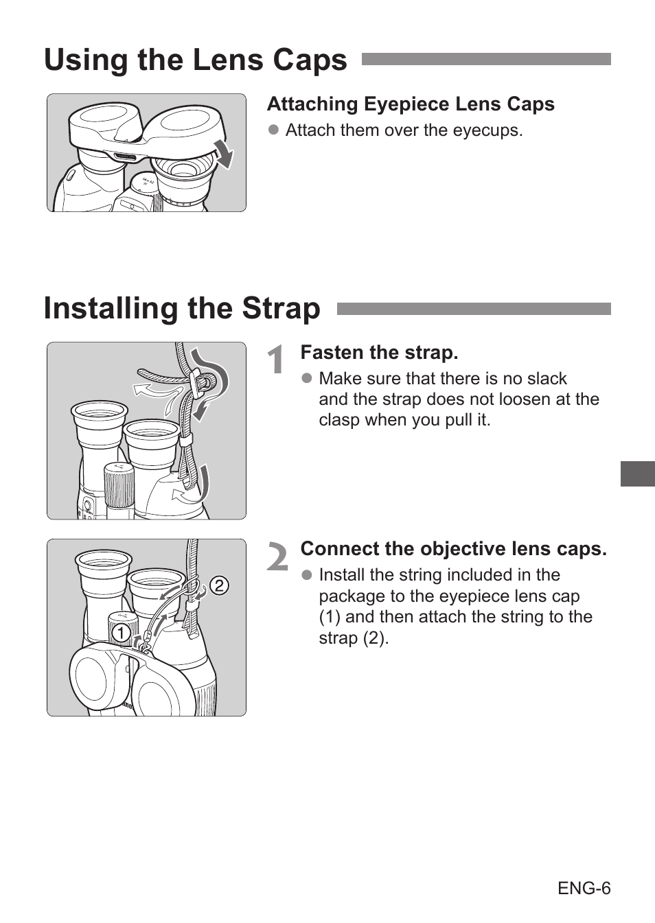 Using the lens caps, Installing the strap | Canon 14x32 IS Image Stabilized Binoculars User Manual | Page 7 / 16