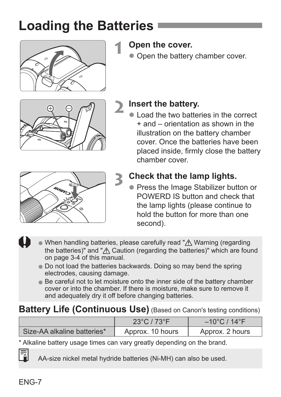 Loading the batteries, Battery life (continuous use) | Canon 14x32 IS Image Stabilized Binoculars User Manual | Page 8 / 16