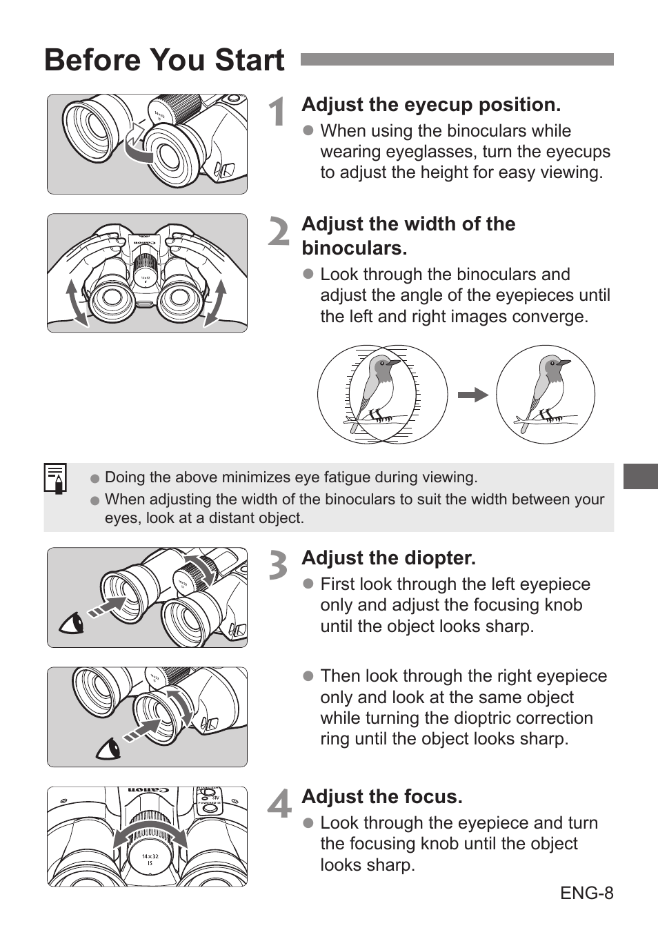 Before you start | Canon 14x32 IS Image Stabilized Binoculars User Manual | Page 9 / 16
