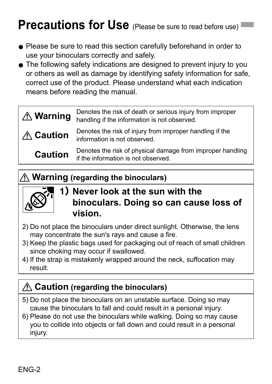 Precautions for use, Warning, Caution | Canon 12x36 IS III Image Stabilized Binoculars User Manual | Page 3 / 13