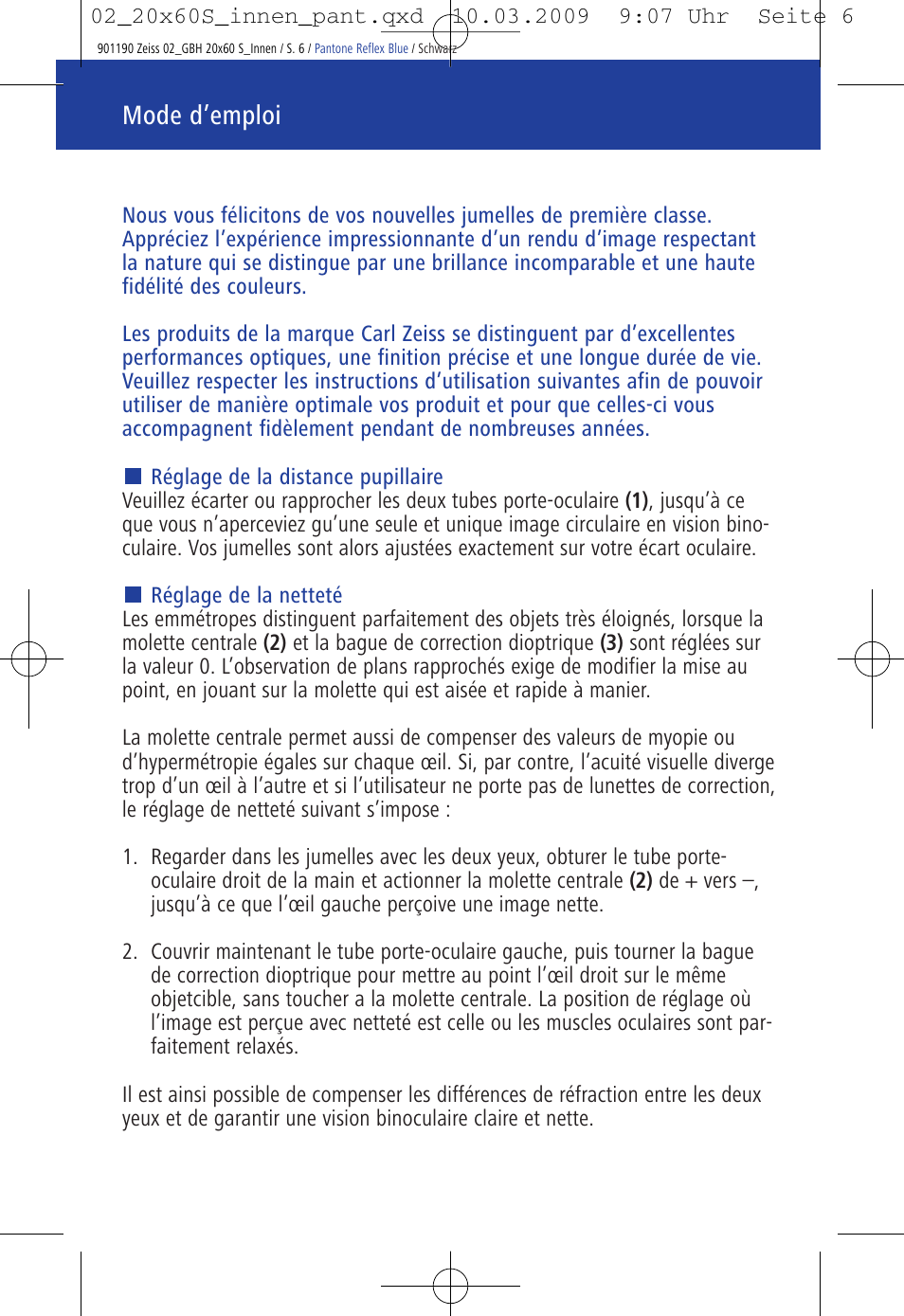 Mode d’emploi | Carl Zeiss 20x60 Classic S Image Stabilization Binoculars User Manual | Page 10 / 34