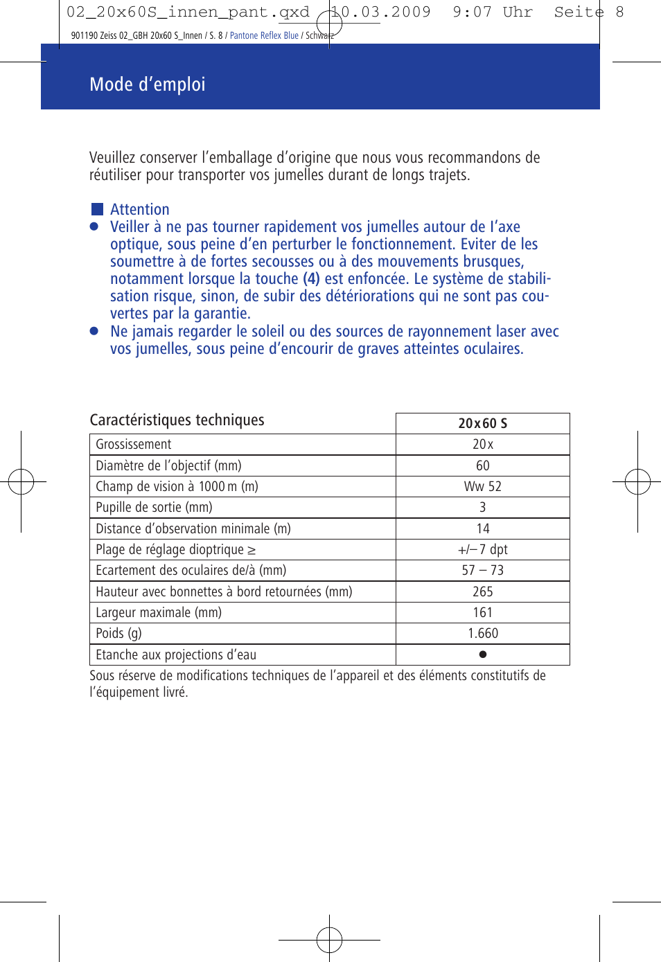 Mode d’emploi | Carl Zeiss 20x60 Classic S Image Stabilization Binoculars User Manual | Page 12 / 34