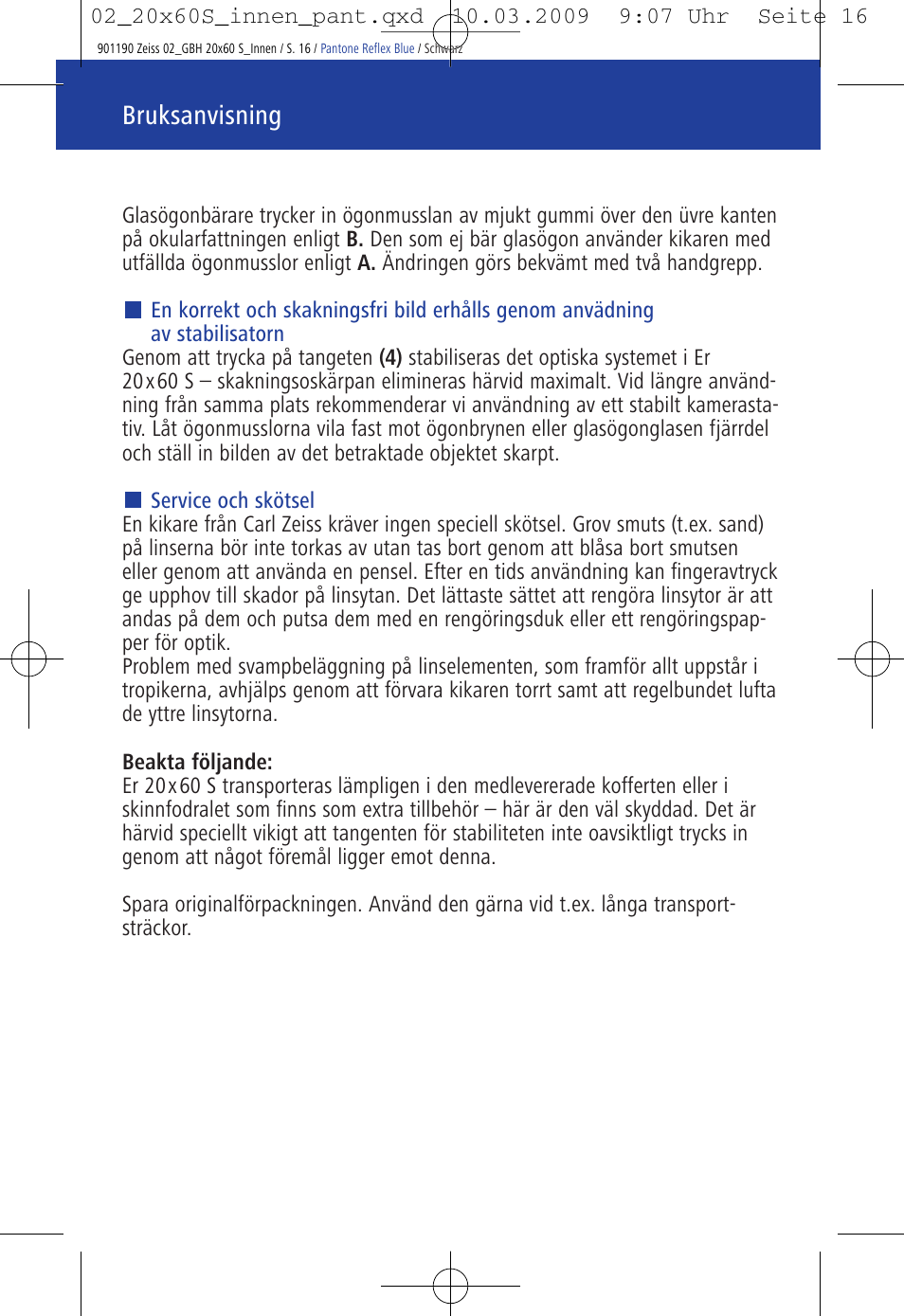 Bruksanvisning | Carl Zeiss 20x60 Classic S Image Stabilization Binoculars User Manual | Page 20 / 34