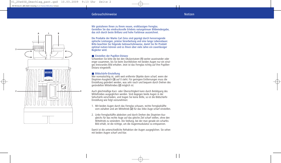 Gebrauchshinweise, Notizen | Carl Zeiss 20x60 Classic S Image Stabilization Binoculars User Manual | Page 3 / 34