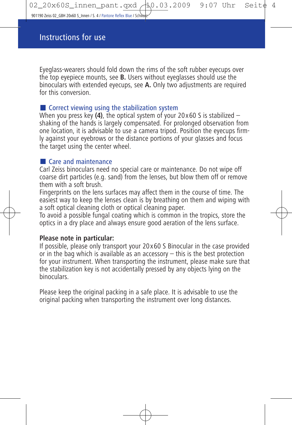 Instructions for use | Carl Zeiss 20x60 Classic S Image Stabilization Binoculars User Manual | Page 8 / 34