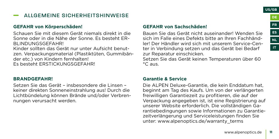 Allgemeine sicherheitshinweise | Alpen Optics 8x42 Teton ED-HD Binoculars User Manual | Page 11 / 44