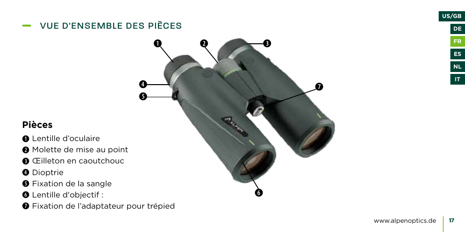 Vue d'ensemble des pièces pièces | Alpen Optics 8x42 Teton ED-HD Binoculars User Manual | Page 17 / 44