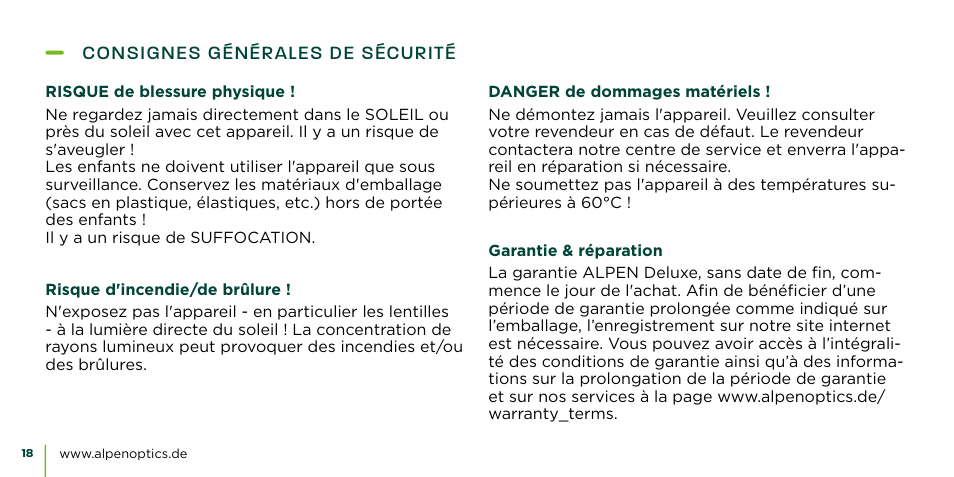 Consignes générales de sécurité | Alpen Optics 8x42 Teton ED-HD Binoculars User Manual | Page 18 / 44