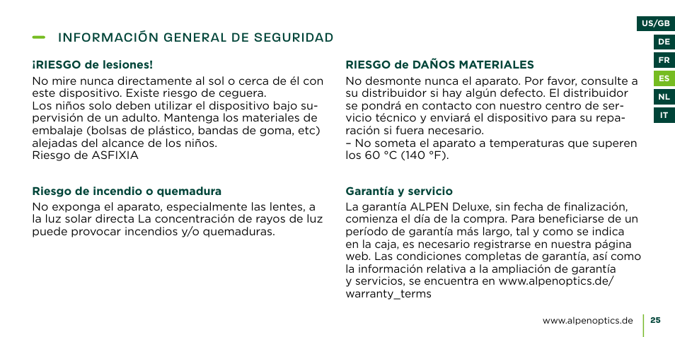 Información general de seguridad | Alpen Optics 8x42 Teton ED-HD Binoculars User Manual | Page 25 / 44