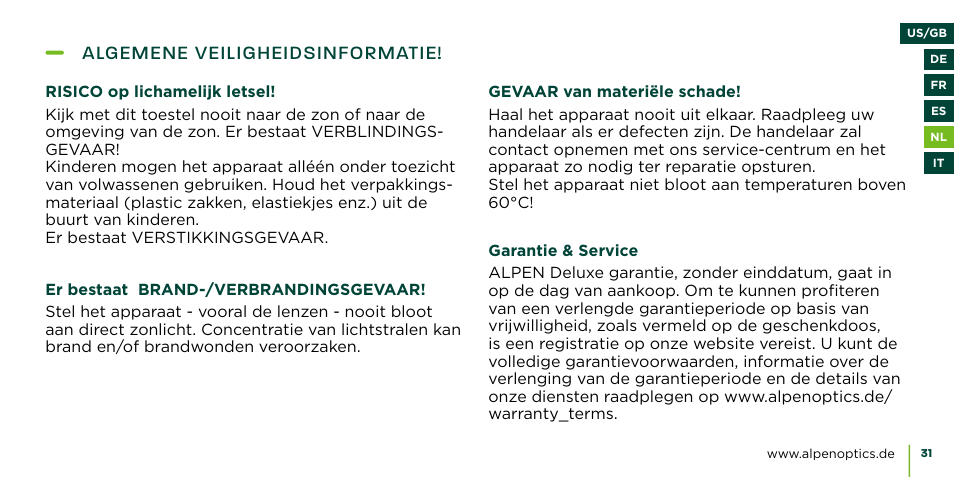 Algemene veiligheidsinformatie | Alpen Optics 8x42 Teton ED-HD Binoculars User Manual | Page 31 / 44