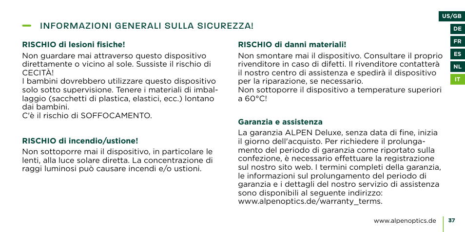 Informazioni generali sulla sicurezza | Alpen Optics 8x42 Teton ED-HD Binoculars User Manual | Page 37 / 44