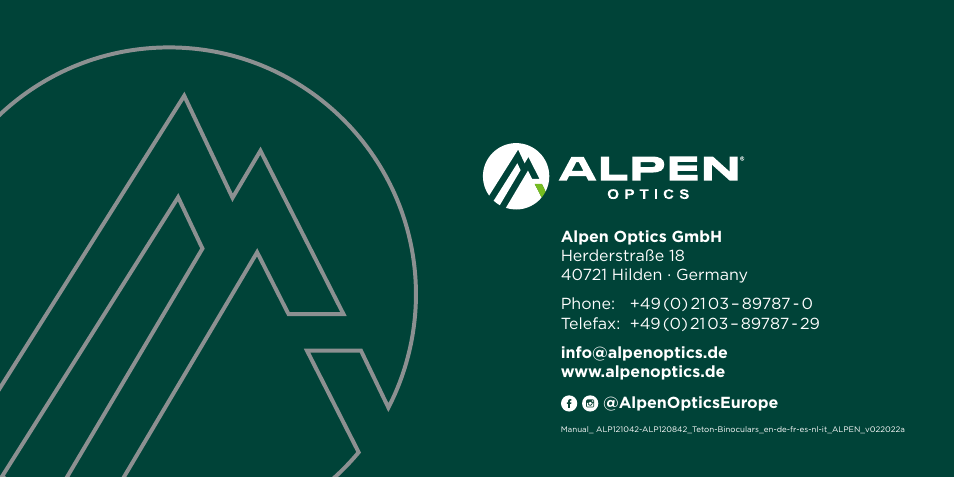 Alpen Optics 8x42 Teton ED-HD Binoculars User Manual | Page 44 / 44