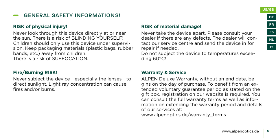 General safety informations | Alpen Optics 8x42 Teton ED-HD Binoculars User Manual | Page 5 / 44