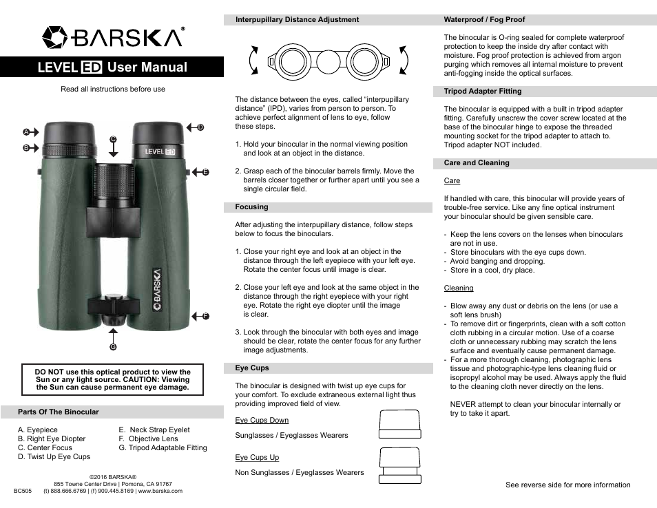 BARSKA 10x42 Level ED Waterproof Binoculars (Green) User Manual | 2 pages