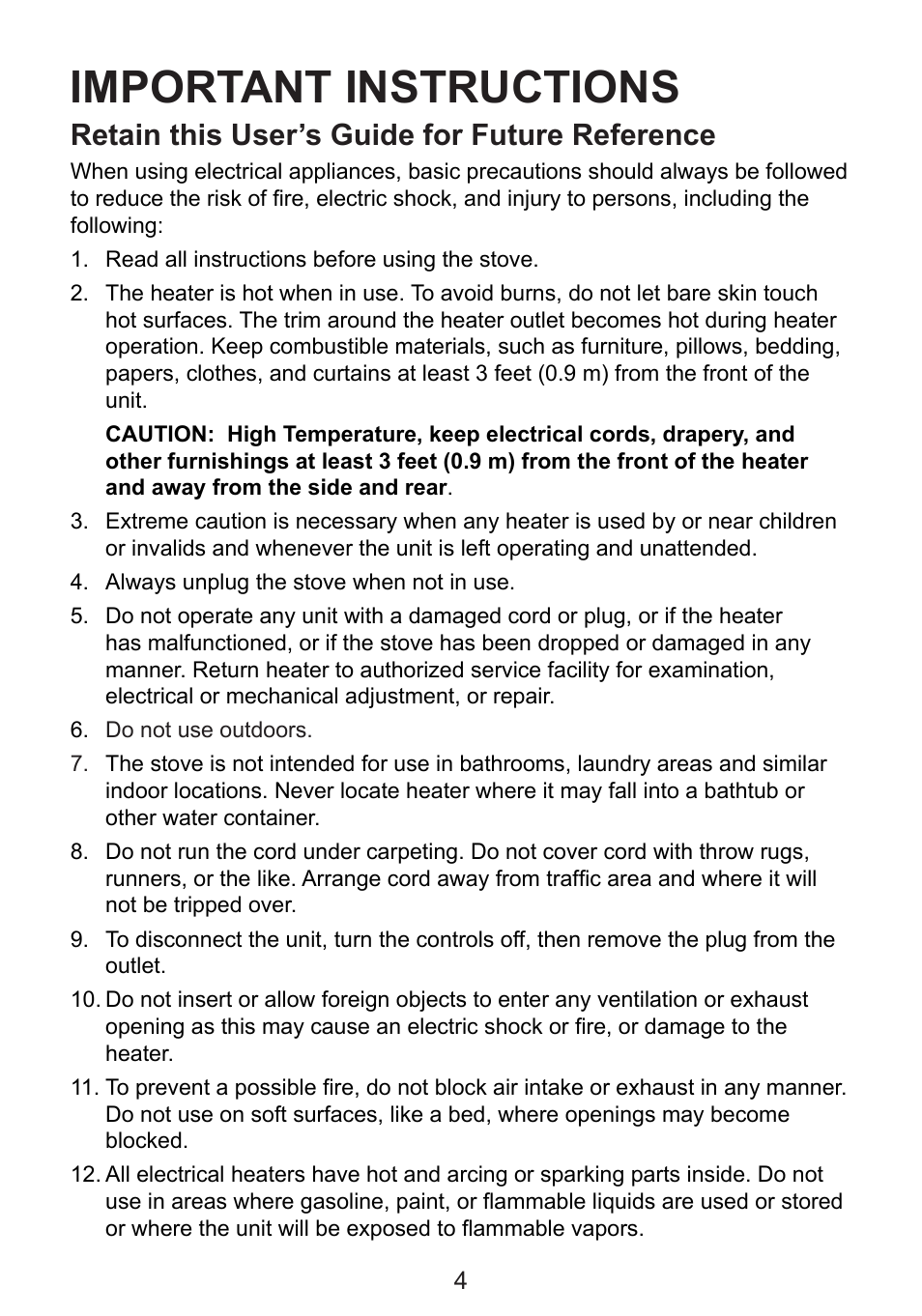 Important instructions, Retain this user’s guide for future reference | Dimplex TDS8515 User Manual | Page 4 / 15