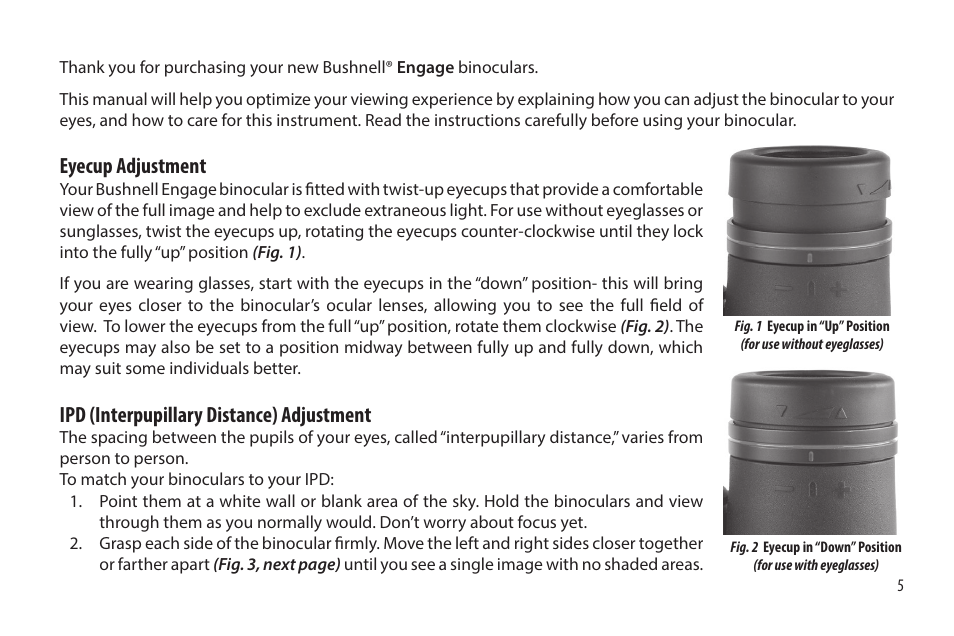 Eyecup adjustment, Ipd (interpupillary distance) adjustment | Bushnell 12x50 Engage Binoculars User Manual | Page 5 / 12