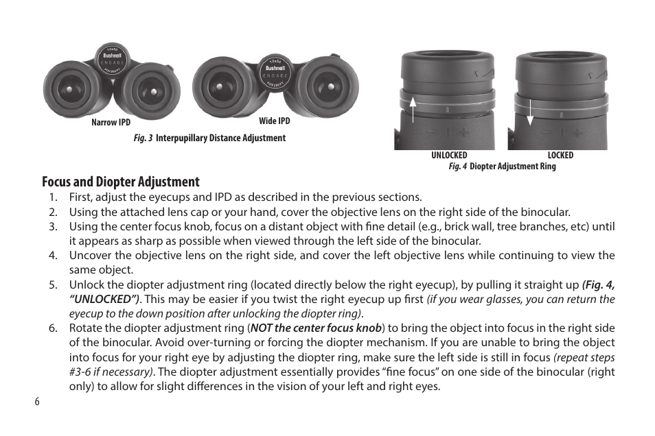 Focus and diopter adjustment | Bushnell 12x50 Engage Binoculars User Manual | Page 6 / 12