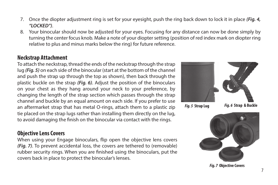 Neckstrap attachment, Objective lens covers | Bushnell 12x50 Engage Binoculars User Manual | Page 7 / 12
