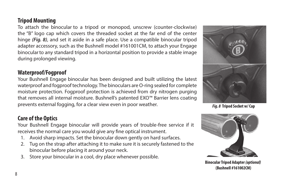 Tripod mounting, Waterproof/fogproof, Care of the optics | Bushnell 12x50 Engage Binoculars User Manual | Page 8 / 12