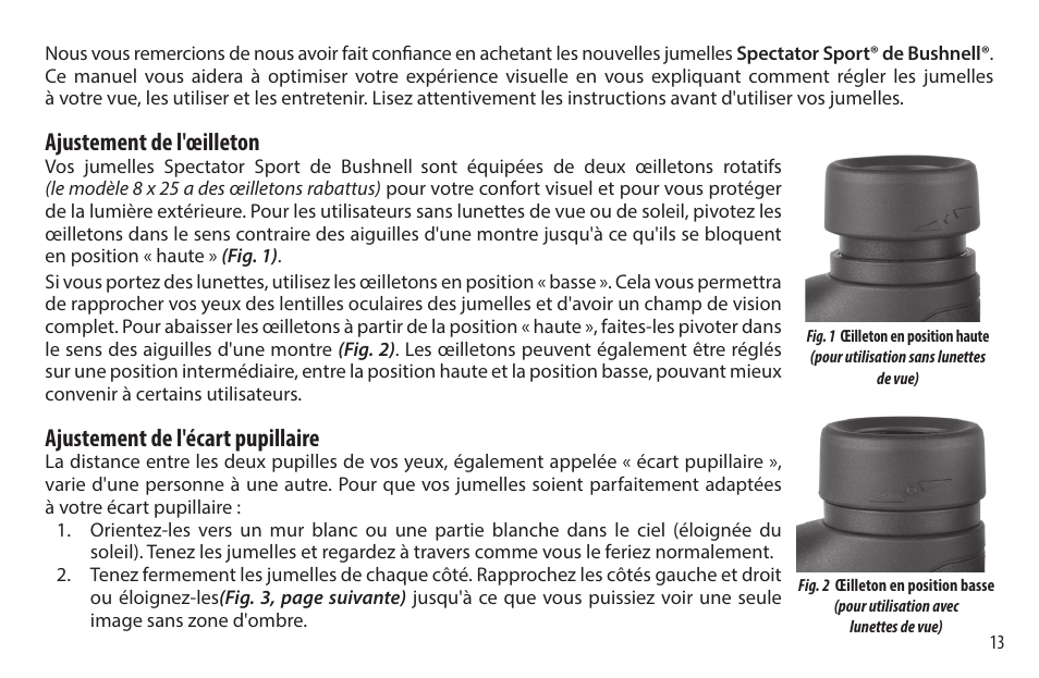 Ajustement de l'œilleton, Ajustement de l'écart pupillaire | Bushnell 8x32 Spectator Sport Binoculars (Black) User Manual | Page 13 / 52