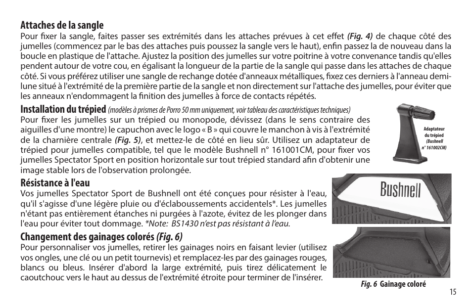 Attaches de la sangle, Installation du trépied, Résistance à l'eau | Changement des gainages colorés (fig. 6) | Bushnell 8x32 Spectator Sport Binoculars (Black) User Manual | Page 15 / 52