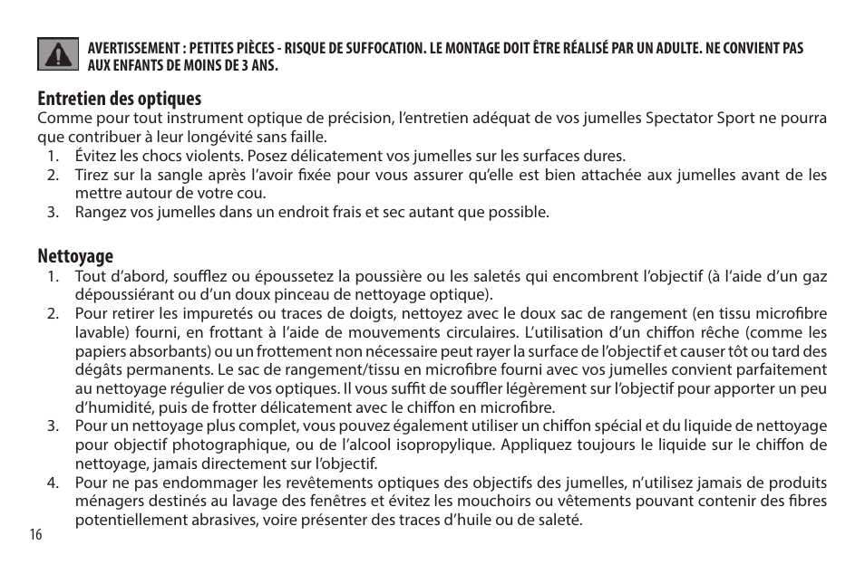 Entretien des optiques, Nettoyage | Bushnell 8x32 Spectator Sport Binoculars (Black) User Manual | Page 16 / 52