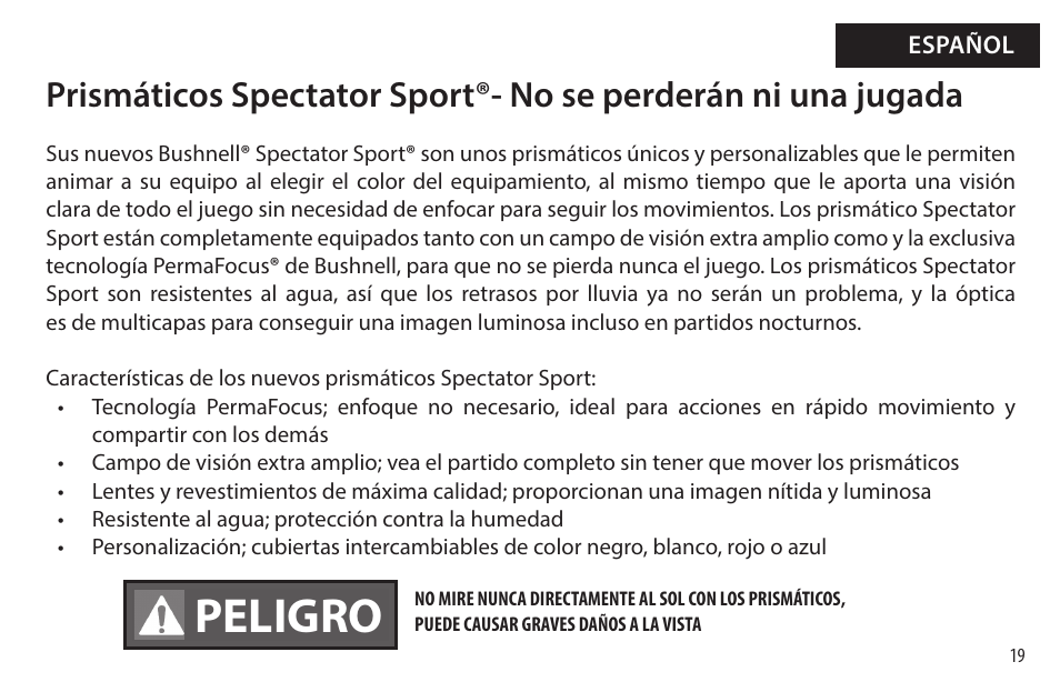 Peligro | Bushnell 8x32 Spectator Sport Binoculars (Black) User Manual | Page 19 / 52
