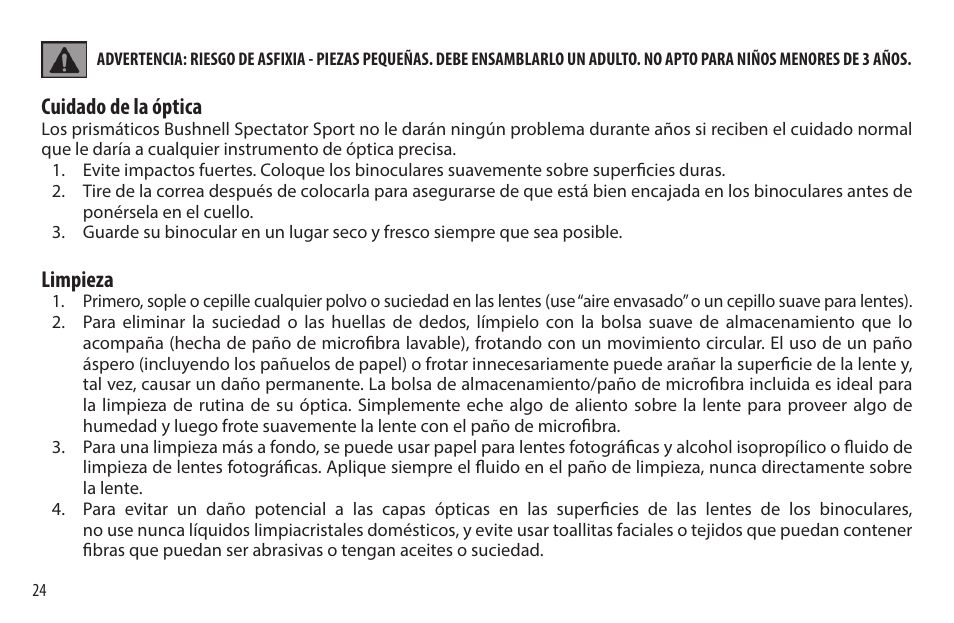 Cuidado de la óptica, Limpieza | Bushnell 8x32 Spectator Sport Binoculars (Black) User Manual | Page 24 / 52