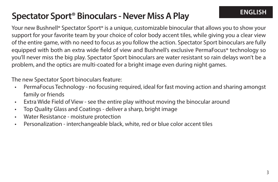 Spectator sport® binoculars - never miss a play | Bushnell 8x32 Spectator Sport Binoculars (Black) User Manual | Page 3 / 52