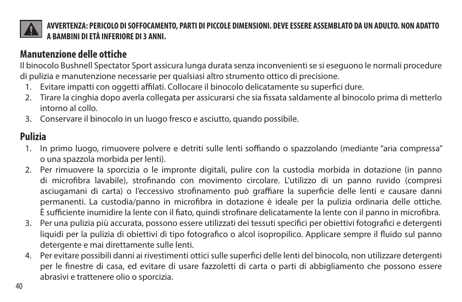 Manutenzione delle ottiche, Pulizia | Bushnell 8x32 Spectator Sport Binoculars (Black) User Manual | Page 40 / 52