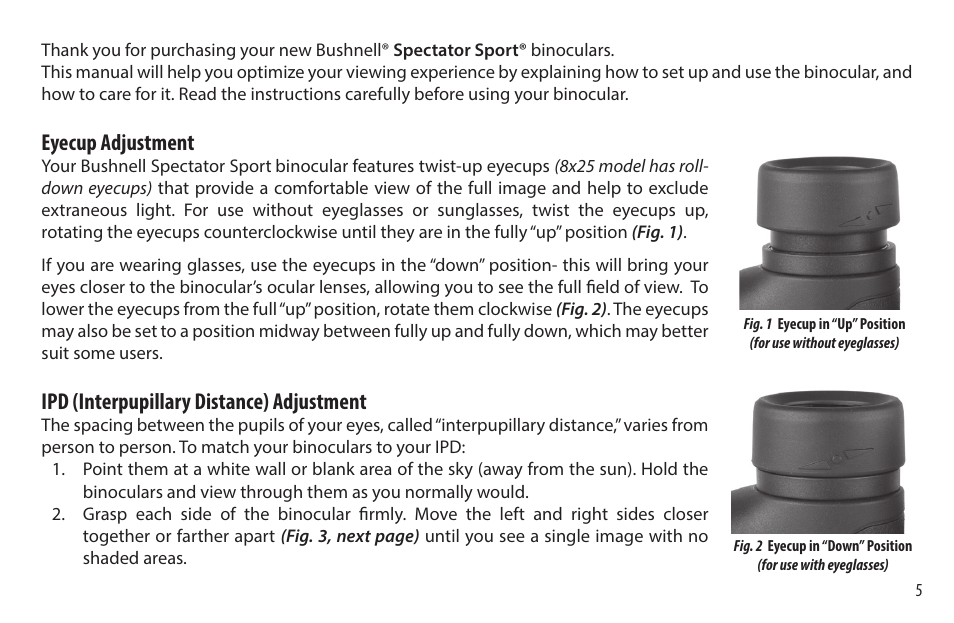 Eyecup adjustment, Ipd (interpupillary distance) adjustment | Bushnell 8x32 Spectator Sport Binoculars (Black) User Manual | Page 5 / 52