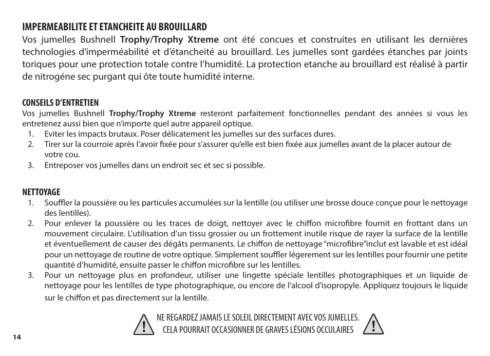 Impermeabilite et etancheite au brouillard | Bushnell 8x56 Trophy Xtreme Binoculars (Green) User Manual | Page 14 / 36