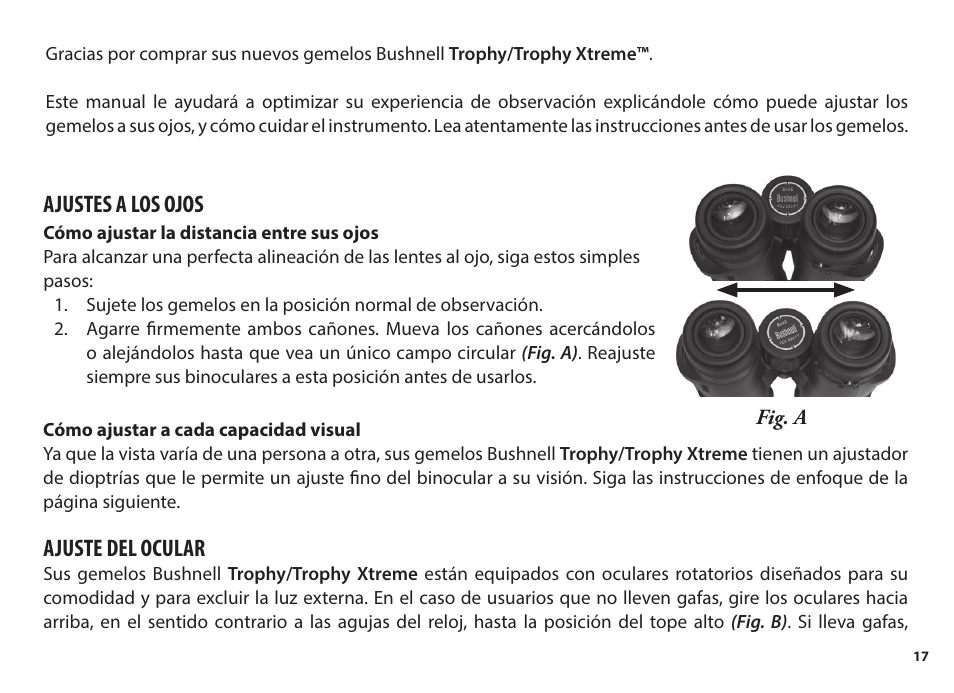 Ajustes a los ojos, Ajuste del ocular | Bushnell 8x56 Trophy Xtreme Binoculars (Green) User Manual | Page 17 / 36