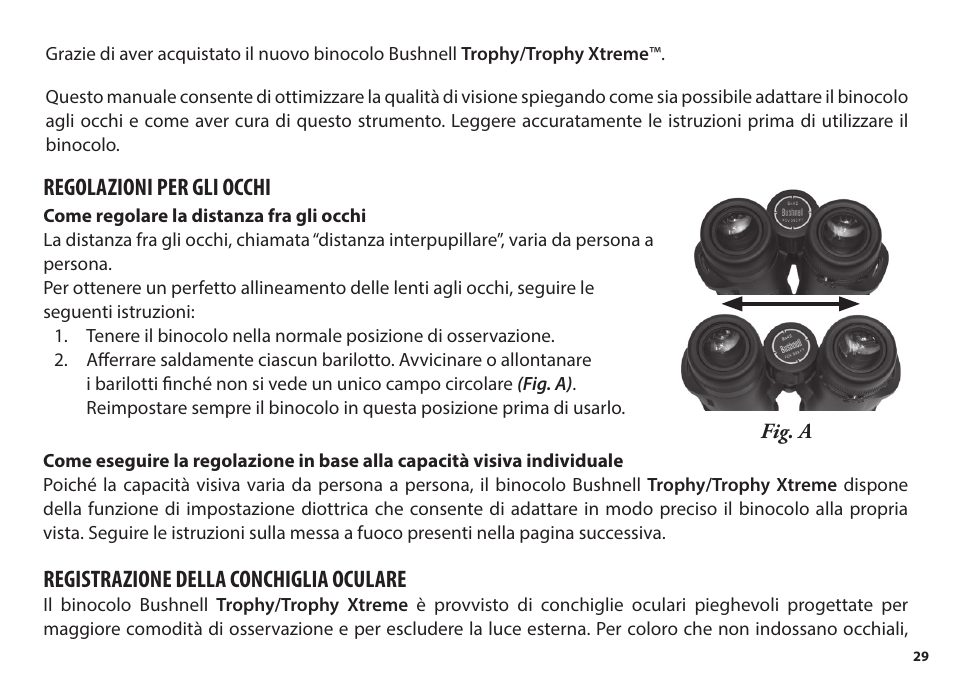 Regolazioni per gli occhi, Registrazione della conchiglia oculare | Bushnell 8x56 Trophy Xtreme Binoculars (Green) User Manual | Page 29 / 36