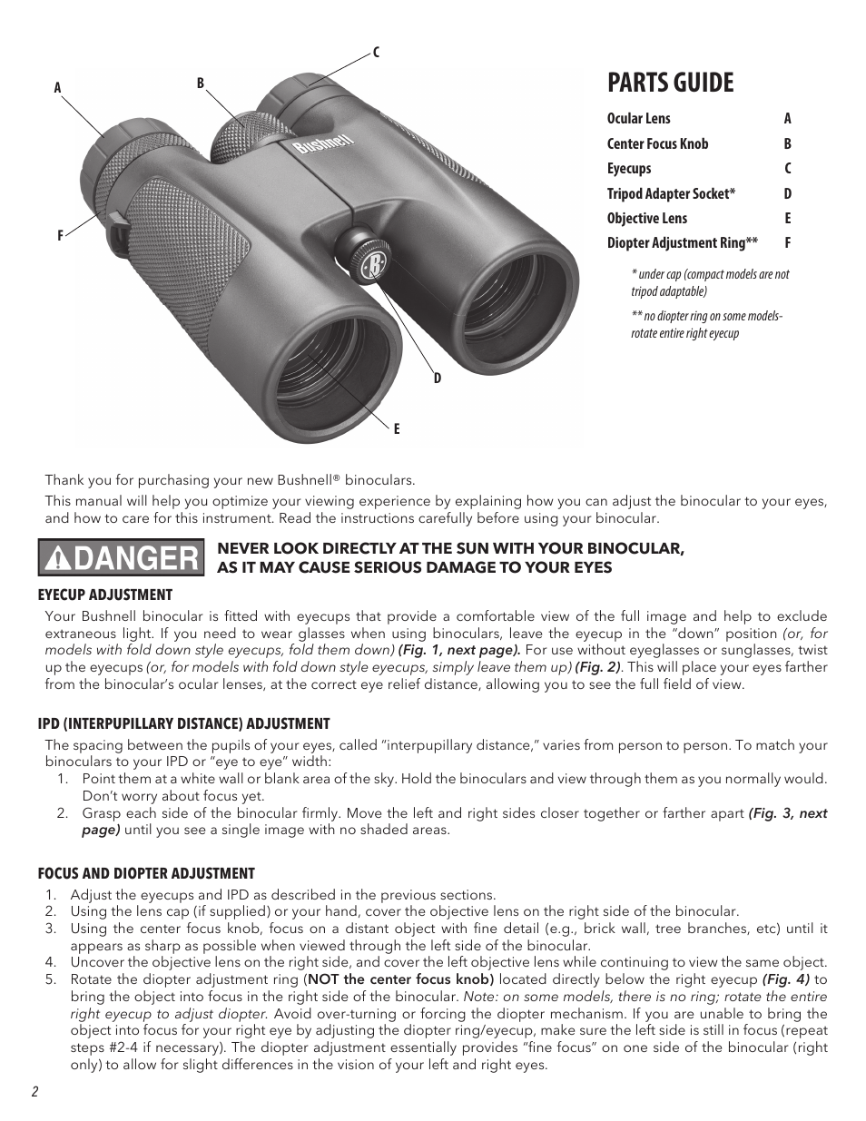 Parts guide | Bushnell 10x25 H2O Compact Binoculars (Dark Blue) User Manual | Page 2 / 6