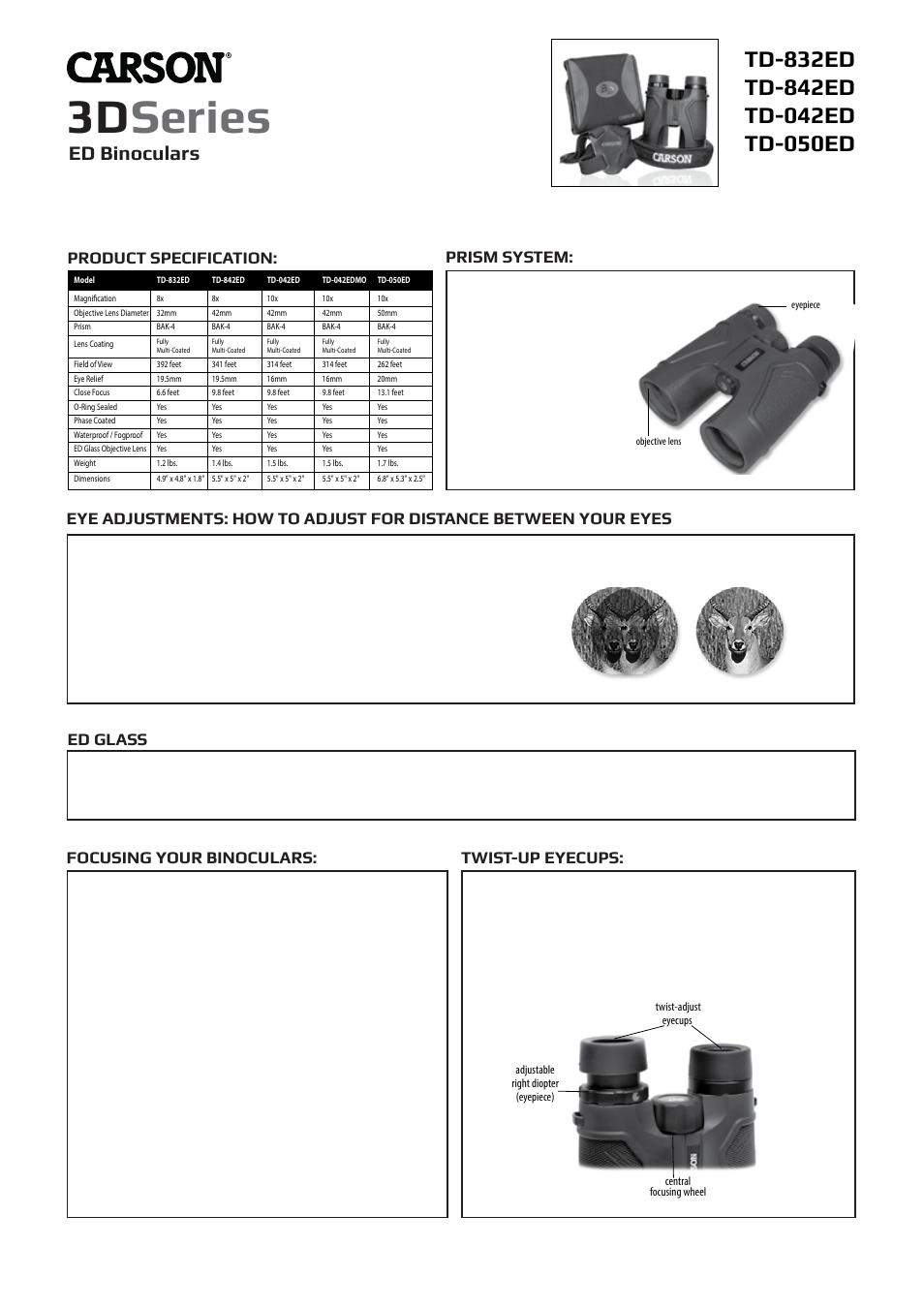 Carson 8x32 3D Series TD-832ED Binoculars (Black) User Manual | 2 pages