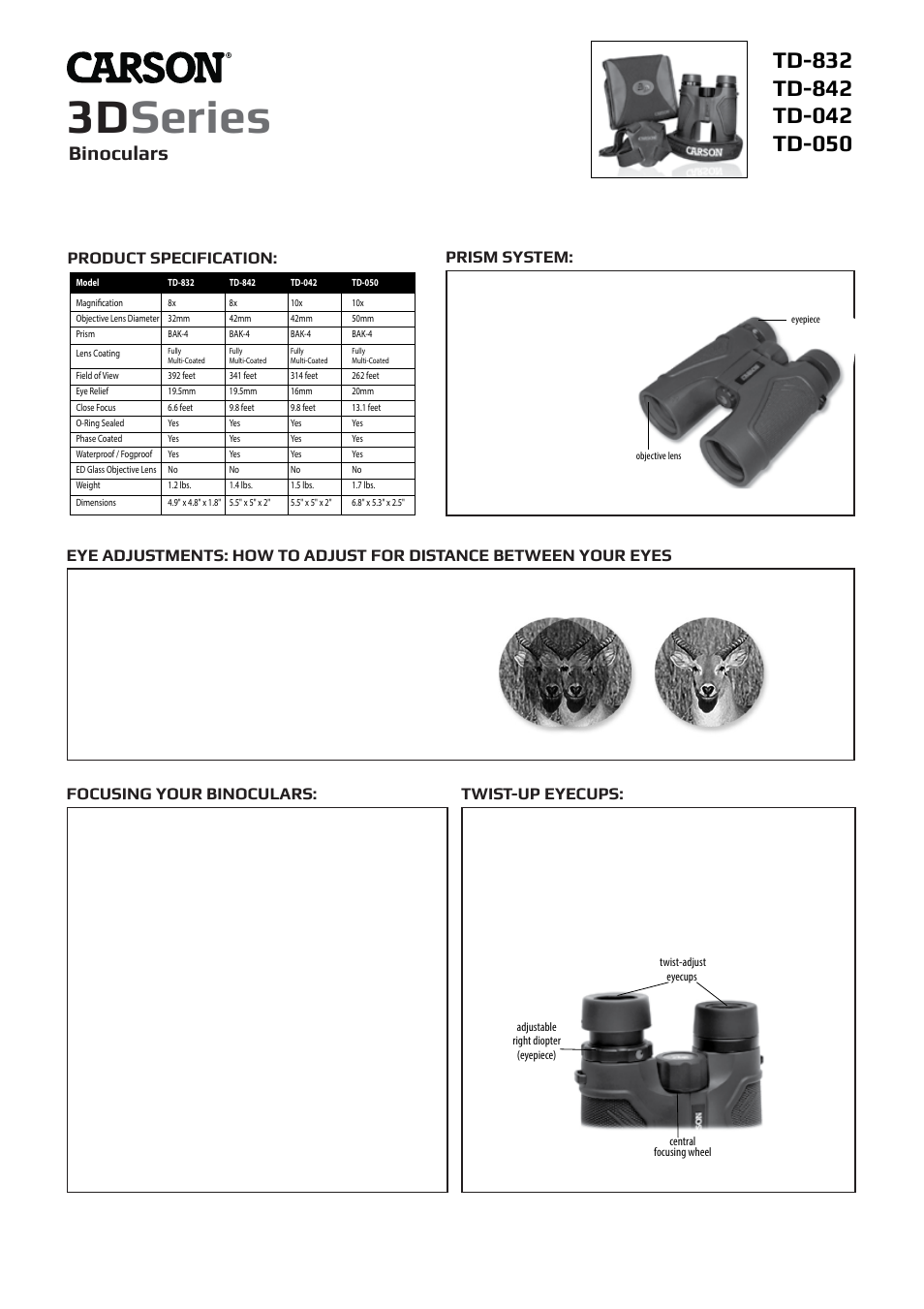 Carson 3D Series TD-050 10x50 Binoculars User Manual | 2 pages