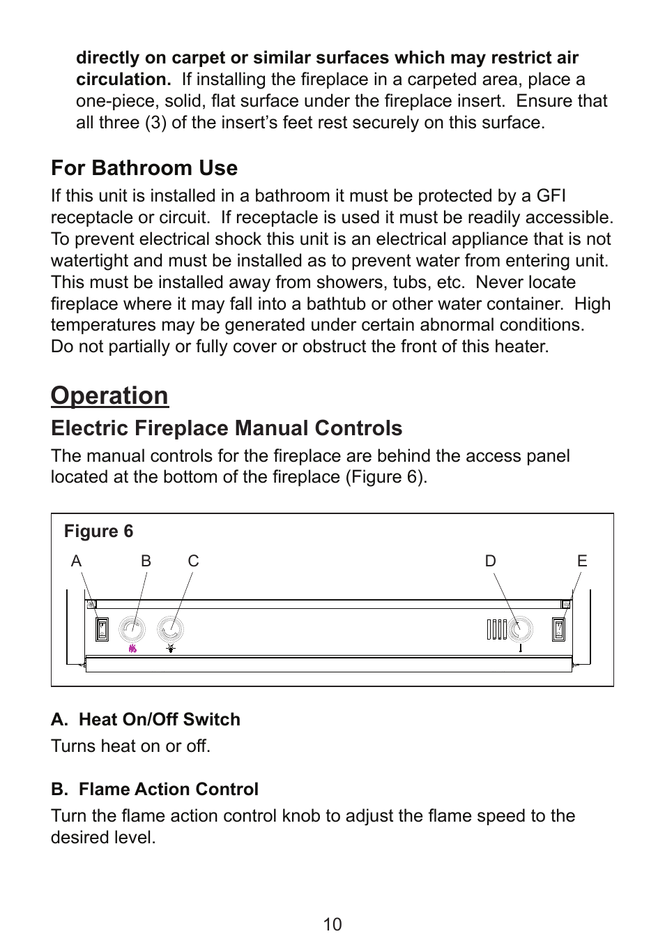 Operation, For bathroom use, Electric fireplace manual controls | Dimplex BF8000ST User Manual | Page 10 / 16