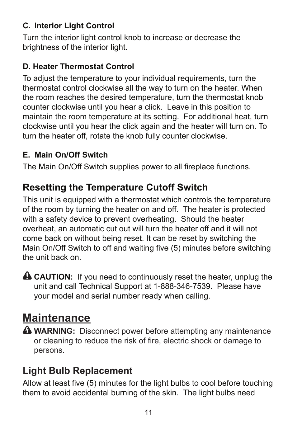 Maintenance, Resetting the temperature cutoff switch, Light bulb replacement | Dimplex BF8000ST User Manual | Page 11 / 16