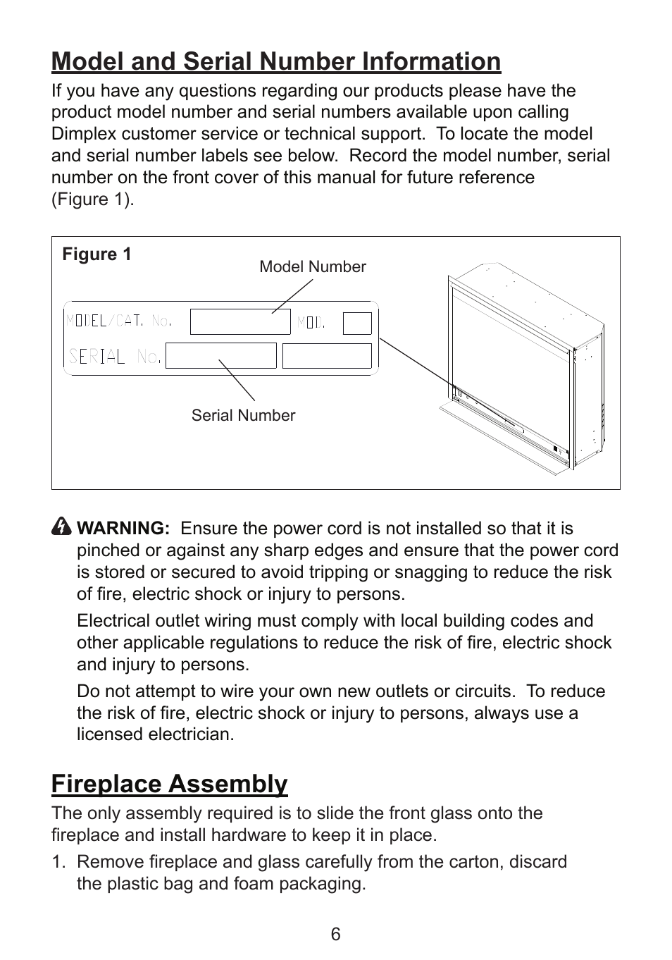 Model and serial number information, Fireplace assembly | Dimplex BF8000ST User Manual | Page 6 / 16