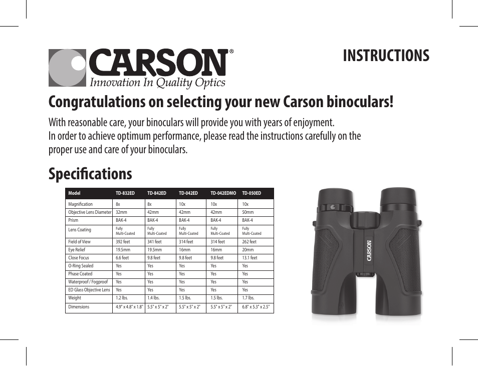 Carson 10x42 3D Series TD-042ED Binoculars (Mossy Oak Camo) User Manual | 12 pages