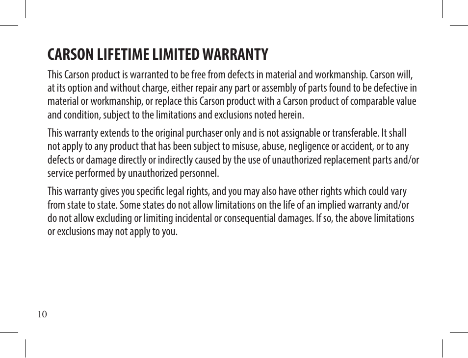 Carson lifetime limited warranty | Carson 10x42 3D Series TD-042ED Binoculars (Mossy Oak Camo) User Manual | Page 10 / 12