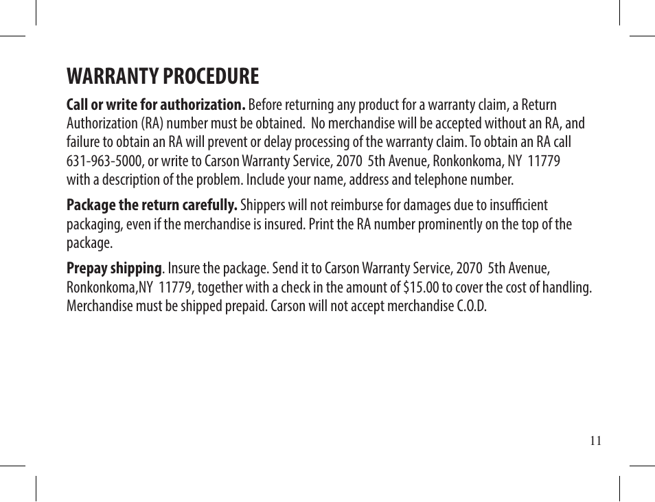 Warranty procedure | Carson 10x42 3D Series TD-042ED Binoculars (Mossy Oak Camo) User Manual | Page 11 / 12