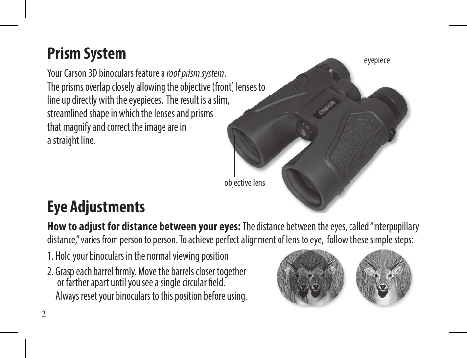 Prism system, Eye adjustments | Carson 10x42 3D Series TD-042ED Binoculars (Mossy Oak Camo) User Manual | Page 2 / 12