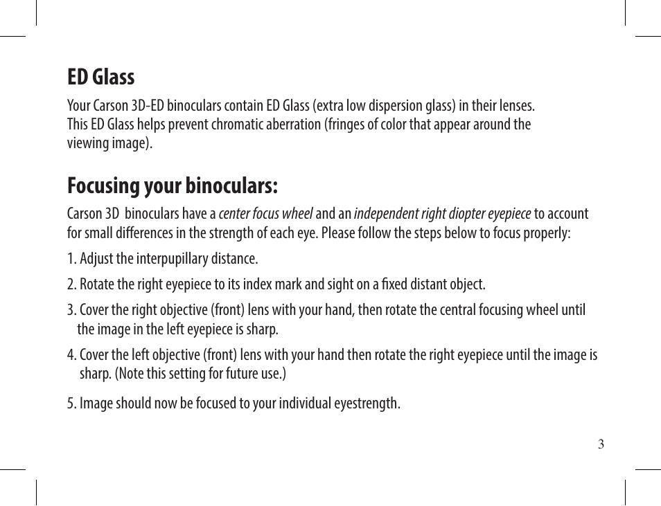 Ed glass, Focusing your binoculars | Carson 10x42 3D Series TD-042ED Binoculars (Mossy Oak Camo) User Manual | Page 3 / 12