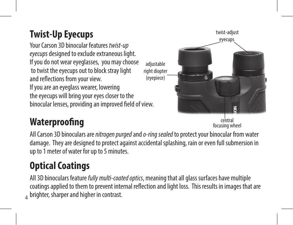 Waterproofing, Optical coatings, Twist-up eyecups | Carson 10x42 3D Series TD-042ED Binoculars (Mossy Oak Camo) User Manual | Page 4 / 12