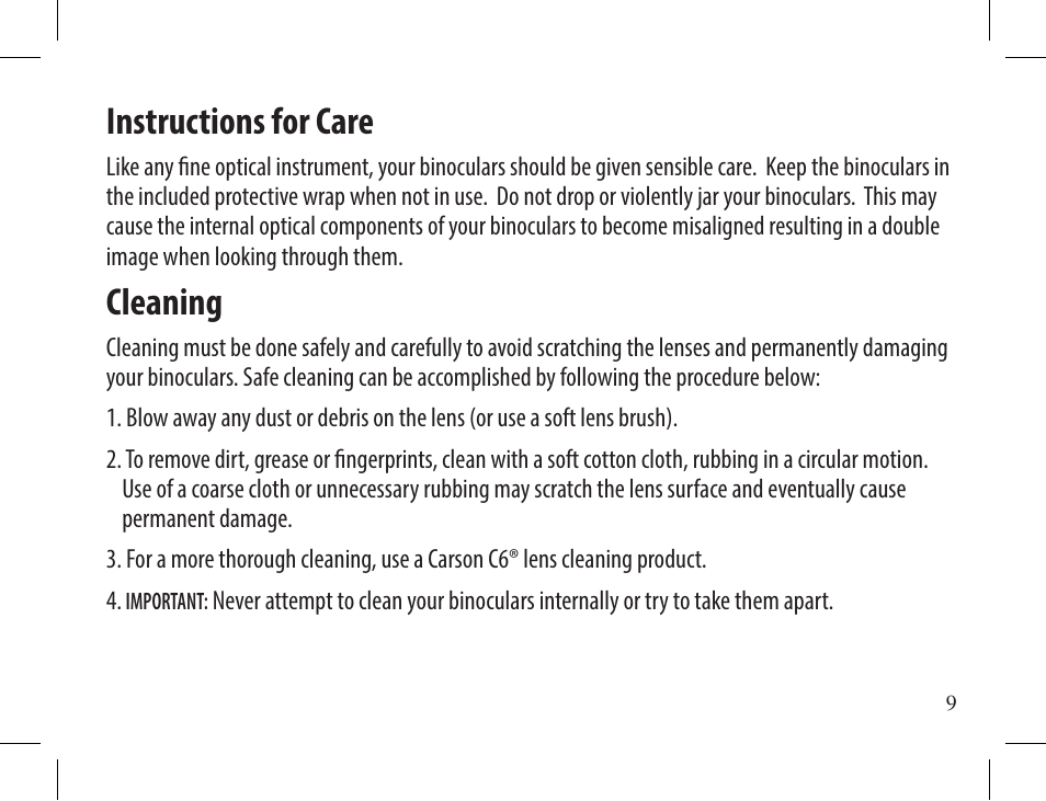Instructions for care, Cleaning | Carson 10x42 3D Series TD-042ED Binoculars (Mossy Oak Camo) User Manual | Page 9 / 12