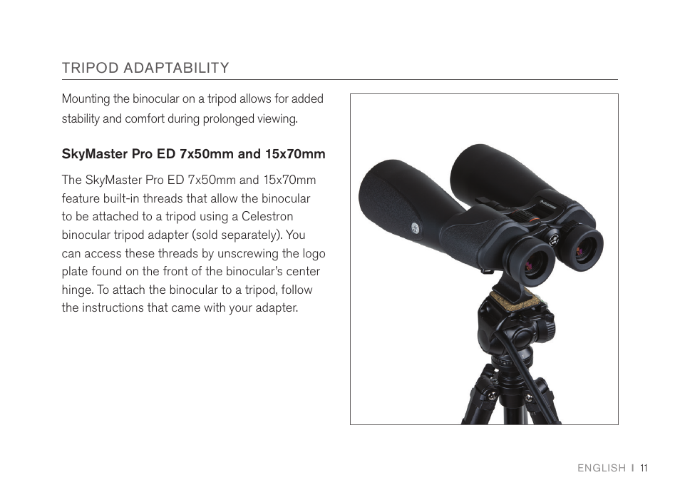 Tripod adaptability | Celestron 7x50 SkyMaster Pro ED Binoculars User Manual | Page 11 / 72