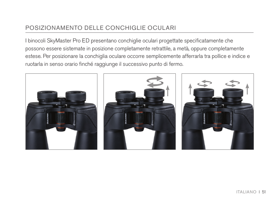 Posizionamento delle conchiglie oculari | Celestron 7x50 SkyMaster Pro ED Binoculars User Manual | Page 51 / 72